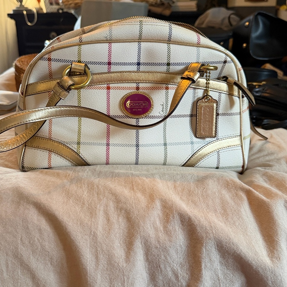 Coach Plaid White and Gold Cosmetic Bag